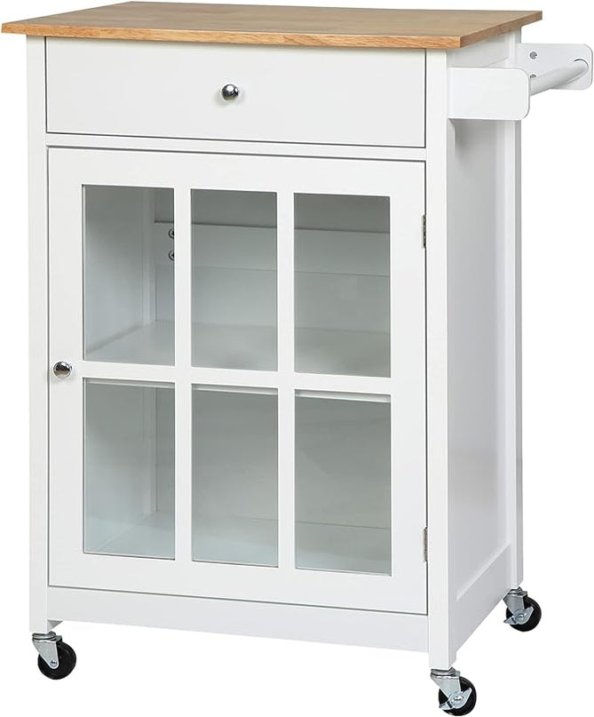 HOMCOM 27" Rolling Kitchen Island Cart with Drawer and Glass Door Cabinet, Kitchen Trolley with Adjustable Shelf and Towel Rack, White - LeafyLoom