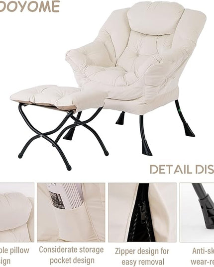 Lazy Chair with Ottoman, Modern Soft Reading Chair Accent Contemporary Lounge Leisure Sofa Chair with Armrests and a Side Pocket for Living Room, Bedroom, Dorm & Office, Beige - LeafyLoom