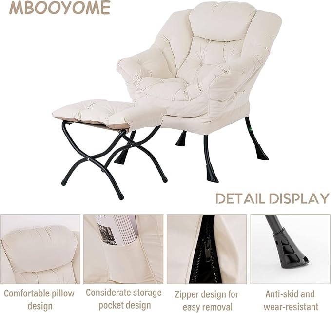 Lazy Chair with Ottoman, Modern Soft Reading Chair Accent Contemporary Lounge Leisure Sofa Chair with Armrests and a Side Pocket for Living Room, Bedroom, Dorm & Office, Beige - LeafyLoom
