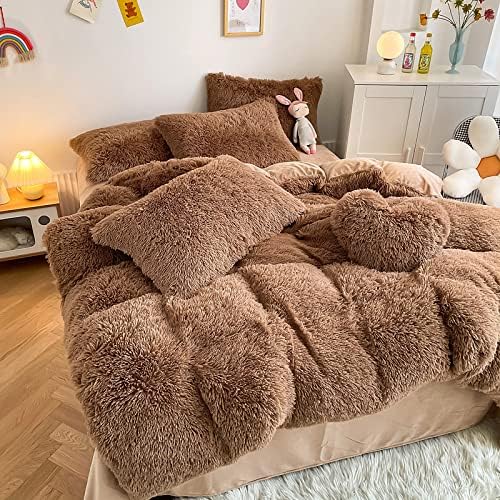 Faux Fur Kids Girls Coffee Comforter Sets Queen - 3PC Bed Set Warm Comfortable Soft Plush Flannel Velvet Fluffy Fuzzy Bedding（Comforter x 1 Pillowcases x 2） - LeafyLoom