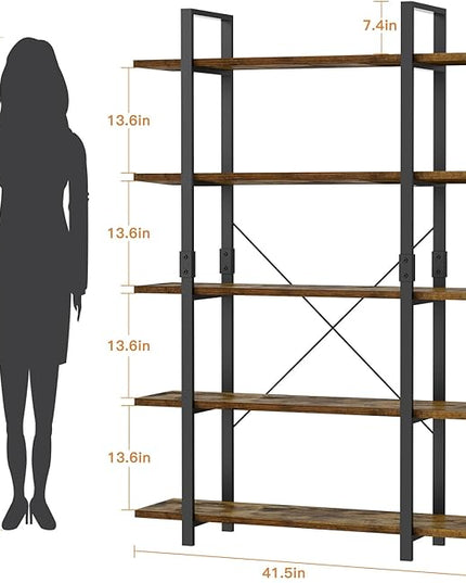 FRAPOW 5 Tier Bookshelf, 70 inch Tall Solid Bookcase Industrial Wooden Bookshelves Large Wall Etagere Rustic Vintage Book Shelf with Metal Frame Open Storage Rack for Living Room Home Office - LeafyLoom