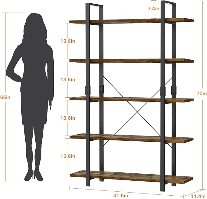FRAPOW 5 Tier Bookshelf, 70 inch Tall Solid Bookcase Industrial Wooden Bookshelves Large Wall Etagere Rustic Vintage Book Shelf with Metal Frame Open Storage Rack for Living Room Home Office - LeafyLoom