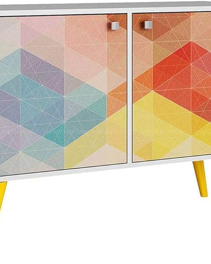 Manhattan Comfort Avesta 2.0 Double Sideboard Table with Storage Cabinet for Living Room, Bedroom and Office, TV Console for 32" Screen, Features 2 Doors and 3 Shelves, White/ Stamp/ Yellow - LeafyLoom