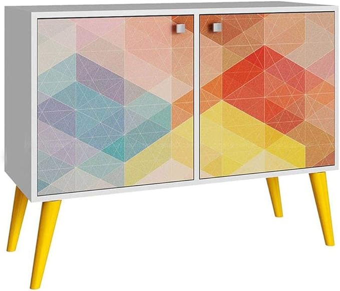 Manhattan Comfort Avesta 2.0 Double Sideboard Table with Storage Cabinet for Living Room, Bedroom and Office, TV Console for 32" Screen, Features 2 Doors and 3 Shelves, White/ Stamp/ Yellow - LeafyLoom