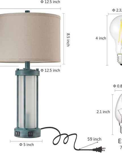 Set of 2 Rustic Table Lamps for Living Room with 2 USB Ports, Farmhouse Vintage Nightstand Lamp with White Glass Nightlight, Retro Desk Lamps for Bedroom End Table (Retro Green) - LeafyLoom