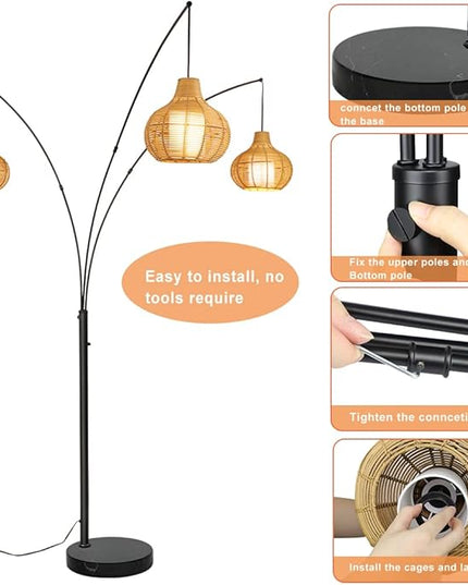 Depuley 3-Light LED Arc Floor Lamps, Adjustable Modern Tall Standing Reading Lamp with Bamboo Lampshades & Marble Base, Rattan Floor Lamp for Living Room Bedroom Office Study, E26 Bulbs Included - LeafyLoom