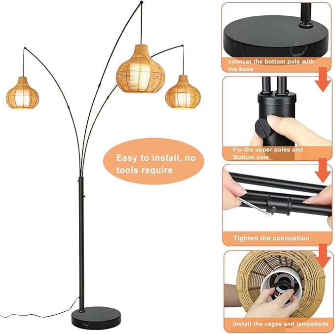 Depuley 3-Light LED Arc Floor Lamps, Adjustable Modern Tall Standing Reading Lamp with Bamboo Lampshades & Marble Base, Rattan Floor Lamp for Living Room Bedroom Office Study, E26 Bulbs Included - LeafyLoom
