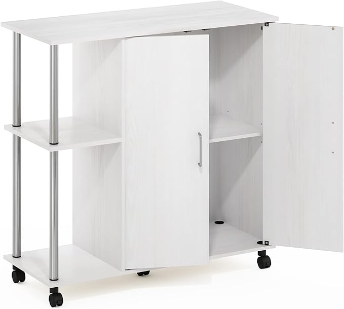 Furinno Helena Utility Kitchen Island and Storage Cart on Wheels, 3-Tier, Stainless Steel Tubes, White Oak/Chrome - LeafyLoom