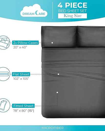DREAMCARE Twin Sheets - Cooling Bed Sheets - 4pcs Set - up to 15" Deep Pocket Twin Bed Sheets - Twin Sheet Set - Bed Sheets Twin Soft Lasting 100% Fine Brushed Polyester with Side Pocket - D.Gray - LeafyLoom