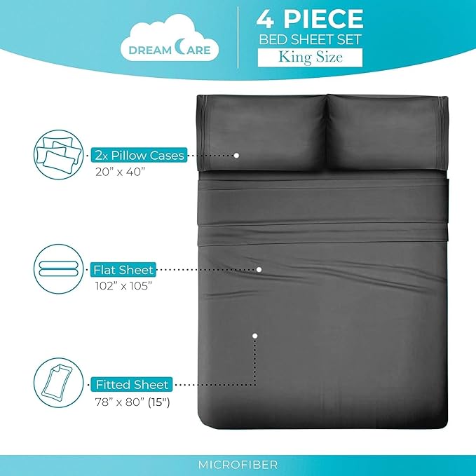 DREAMCARE Twin Sheets - Cooling Bed Sheets - 4pcs Set - up to 15" Deep Pocket Twin Bed Sheets - Twin Sheet Set - Bed Sheets Twin Soft Lasting 100% Fine Brushed Polyester with Side Pocket - D.Gray - LeafyLoom