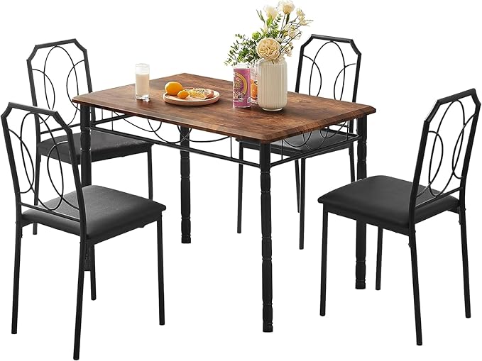 VECELO 5 Pieces Sets,43.3" Table&Chairs for 4,Industrial Counter Height Tabletop with Bar Stools, Rectangle Breakfast Chairs, Living Room, Apartment, Dining Table for 4, Brown 1 - LeafyLoom