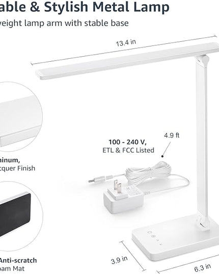 Lepro LED Desk Lamp, Metal Desk Light 9.5W 800lm, Dimmable Home Office Desktop Task Lamp Touch Control, 5 Color Modes 5 Brightness Level for Task, Reading, Crafting, Sewing, Puzzle, Nail Lamp, White - LeafyLoom