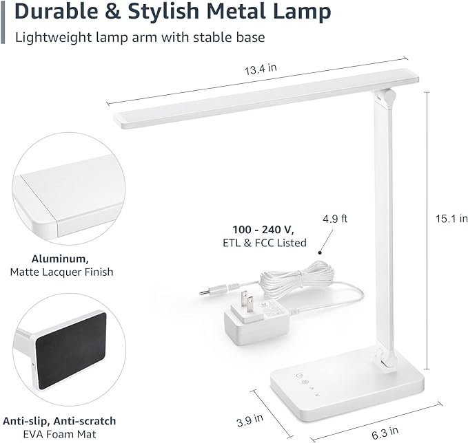 Lepro LED Desk Lamp, Metal Desk Light 9.5W 800lm, Dimmable Home Office Desktop Task Lamp Touch Control, 5 Color Modes 5 Brightness Level for Task, Reading, Crafting, Sewing, Puzzle, Nail Lamp, White - LeafyLoom