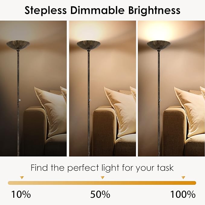 BoostArea Torchiere Floor Lamp Antique Bronze, 24W Super Bright LED Standing Lamp, 3000K Dimmable Pole Lamp with Rotary Switch, 70 Inch Tall Metal Modern Floor Lamps for Living Room/Bedroom/Office/Den - LeafyLoom