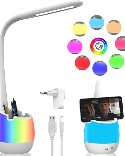 ERAY Kids Desk Lamp LED Study 2000mAh Rechargeable Desk Light with Pen Holder/ 8 Colors Night Light/ 3 Brightness Levels/Touch Control, Dimmable Table Lamp for Boys & Girls Eye-Caring Reading - LeafyLoom
