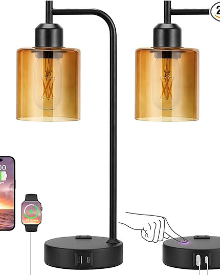Industrial Touch Nightstand Lamps for Bedrooms Set of 2 - 3-Way Dimmable Table Lamps with USB C+A Ports and Outlet, Bedside Lamps with Amber Glass Shade for Living Room, Desk Lamps for Home Office - LeafyLoom