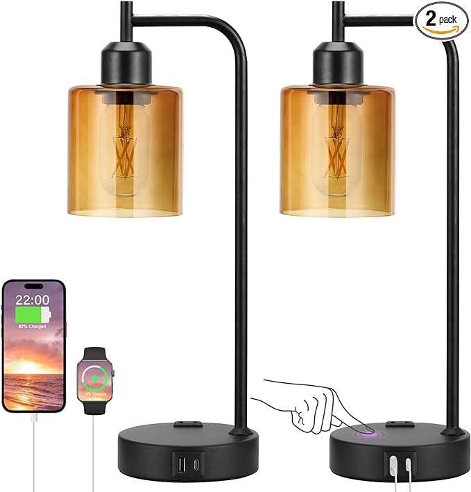 Industrial Touch Nightstand Lamps for Bedrooms Set of 2 - 3-Way Dimmable Table Lamps with USB C+A Ports and Outlet, Bedside Lamps with Amber Glass Shade for Living Room, Desk Lamps for Home Office - LeafyLoom