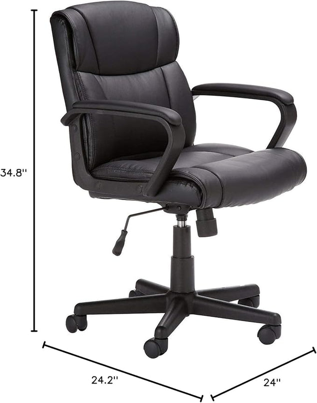 Amazon Basics Office Computer Task Desk Chair with Padded Armrests, Mid-Back, Adjustable, 360 Swivel, Rolling, 275 Pound Capacity, BIFMA Certified, 24.2"D x 24"W x 34.8"H, Black Faux Leather - LeafyLoom