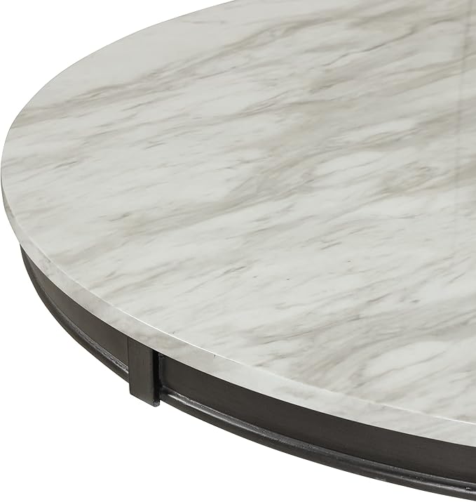 5-Piece Top Round Dining Table Set for 4 Persons, Curved Backrest Linen Fabric Chairs, Modern Wood Kitchen Furniture, OneSize, Gray Marble - LeafyLoom
