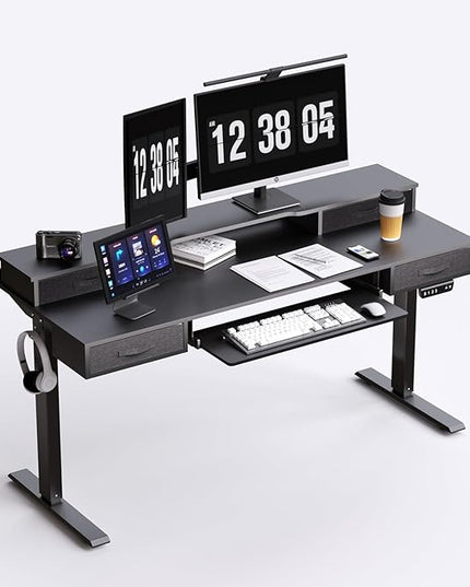 Electric Standing Desk, 55 Inches Height Adjustable Desk with Monitor Shelf, Large Sit Stand Desk with Drawers, Smart Home Office Computer Desk, Classic Black - LeafyLoom