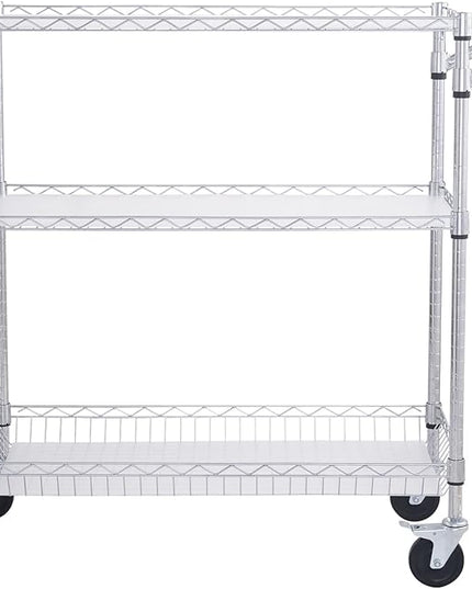 VEVOR Kitchen Utility Cart, 3 Tiers, Wire Rolling Cart with 661 LBS Capacity, Steel Service Cart on Wheels, Metal Storage Trolley with 80 mm Deep Basket Curved Handle PP Liner 6 Hooks, NSF Listed - LeafyLoom
