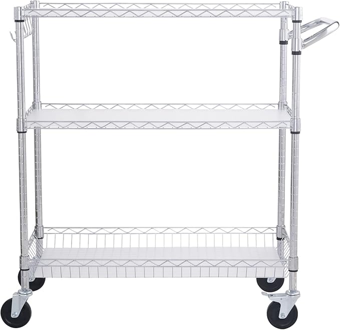 VEVOR Kitchen Utility Cart, 3 Tiers, Wire Rolling Cart with 661 LBS Capacity, Steel Service Cart on Wheels, Metal Storage Trolley with 80 mm Deep Basket Curved Handle PP Liner 6 Hooks, NSF Listed - LeafyLoom