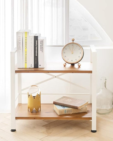 2 Tier White Bookshelf, Real Wood Bookshelf Simply Assembled in 10 Minutes, Metal Book Shelf for Storage, Bookcase for Office Organization and Storage, 12.6 D x 23.62 W x 22.83 H Inches - LeafyLoom