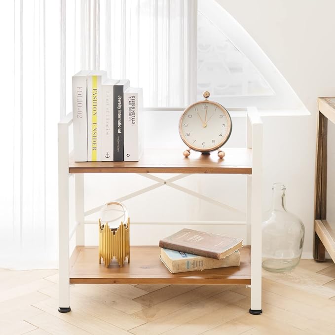 2 Tier White Bookshelf, Real Wood Bookshelf Simply Assembled in 10 Minutes, Metal Book Shelf for Storage, Bookcase for Office Organization and Storage, 12.6 D x 23.62 W x 22.83 H Inches - LeafyLoom