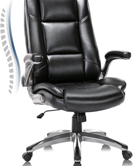 COLAMY Leather Executive Office Chair- High Back Home Computer Desk Chair with Padded Flip-up Arms, Adjustable Tilt Lock, Swivel Rolling Ergonomic Chair for Adult Working Study, Black - LeafyLoom