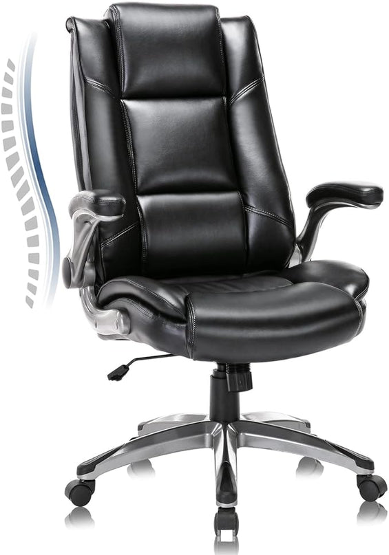 COLAMY Leather Executive Office Chair- High Back Home Computer Desk Chair with Padded Flip-up Arms, Adjustable Tilt Lock, Swivel Rolling Ergonomic Chair for Adult Working Study, Black - LeafyLoom