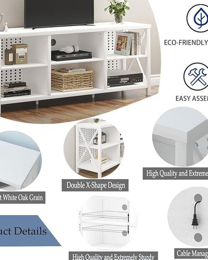 LVB White TV Stand for 75 Inch TV, Large Industrial Wood Entertainment Center with Storage Cabinet, Long Modern Metal Television Stands Console Table for Home Living Room Bedroom, White Oak, 63 Inch - LeafyLoom