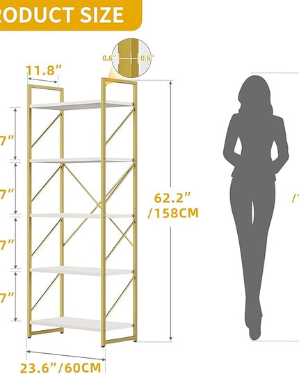 DWVO Gold Bookshelf, Modren 5 Tier Bookcase, Storage Shelves Organizer Standing Shelf, Display Rack Book Shelves for Bedroom,Living Room,Office,Kitchen, Gold - LeafyLoom