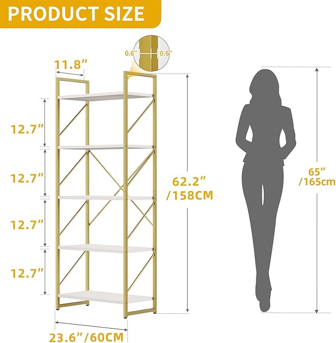 DWVO Gold Bookshelf, Modren 5 Tier Bookcase, Storage Shelves Organizer Standing Shelf, Display Rack Book Shelves for Bedroom,Living Room,Office,Kitchen, Gold - LeafyLoom
