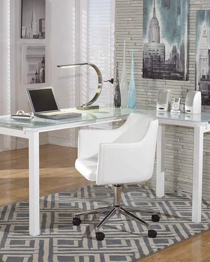 Signature Design by Ashley Baraga Contemporary Glass L-Shaped Home Office Desk, White - LeafyLoom