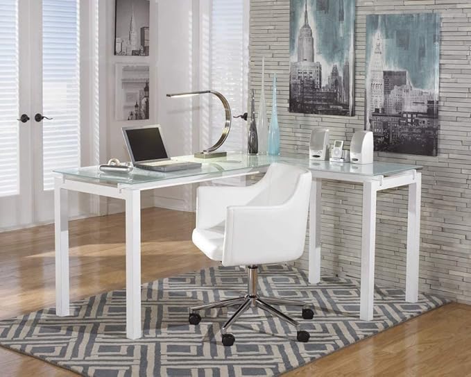 Signature Design by Ashley Baraga Contemporary Glass L-Shaped Home Office Desk, White - LeafyLoom