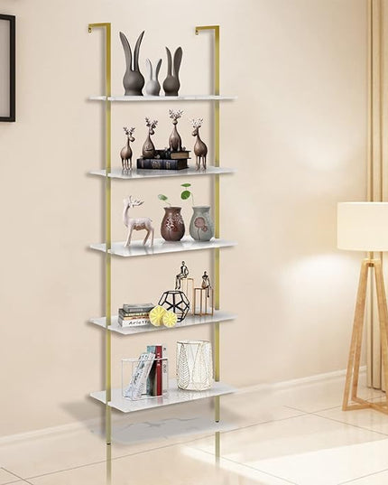aboxoo Ladder Shelf White Marble Bookshelf 5-Tier Wall-Mounted Wood Rack Industrial Modern Plant Flower Stand Utility Organizer Open Bookcase Metal Frame Furniture Office Kitchen Bedroom - LeafyLoom