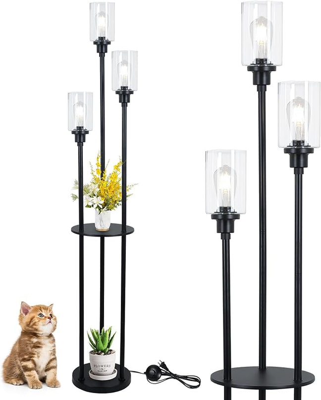 HMVPL Floor Lamps for Living Room, 3-Lights Modern Floor Lamp with Shelves, Farmhouse Standing Lamp with Glass Shades, On/Off Foot Switch, Black Industrial Tall Lamp for Bedroom Office Corner(66") - LeafyLoom