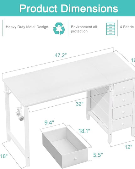Lufeiya White Computer Desk with Drawers - 47 Inch Study Work Writing Desk for Home Office Bedroom, Simple Modern Cute PC Desks with Fabric Drawer, White - LeafyLoom