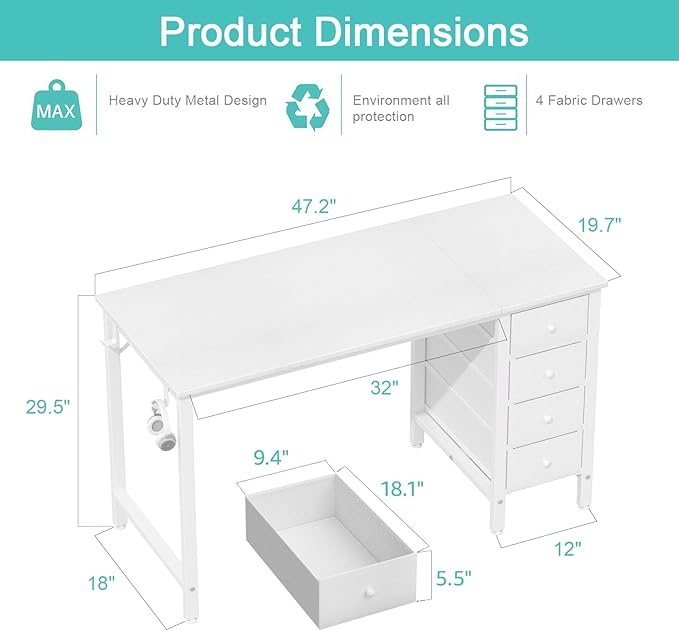 Lufeiya White Computer Desk with Drawers - 47 Inch Study Work Writing Desk for Home Office Bedroom, Simple Modern Cute PC Desks with Fabric Drawer, White - LeafyLoom