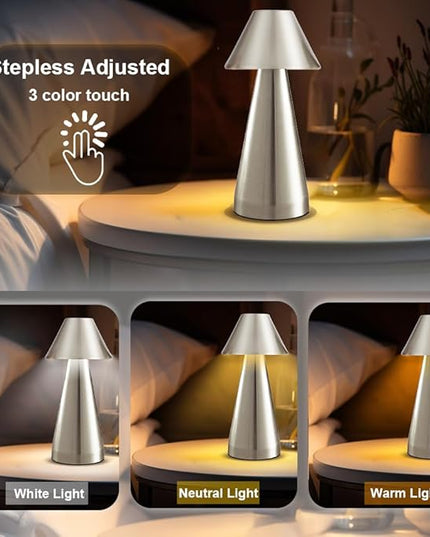 Portable Metal Desk Lamp, Cordless Metal LED Table Lamp,3 Color Touch Control Rechargeable Lamp,3-Levels Brightness Room Decor Desk Lamp,Bedside Lamp,Dining Room Lamp (Silver) - LeafyLoom
