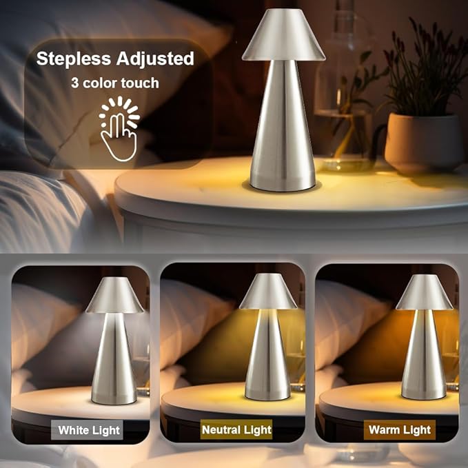 Portable Metal Desk Lamp, Cordless Metal LED Table Lamp,3 Color Touch Control Rechargeable Lamp,3-Levels Brightness Room Decor Desk Lamp,Bedside Lamp,Dining Room Lamp (Silver) - LeafyLoom