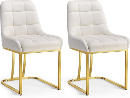 STARY Upholstered Velvet Armless Dining Room Chairs with Gold Metal Legs for Kitchen Restaurant, Beige- Set of 2 - LeafyLoom