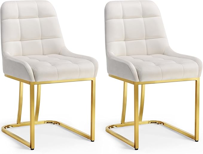 STARY Upholstered Velvet Armless Dining Room Chairs with Gold Metal Legs for Kitchen Restaurant, Beige- Set of 2 - LeafyLoom