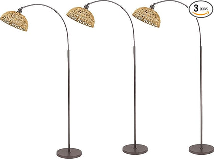 Rattan Floor Lamp, Retro Boho Arc Standing Lamp with Remote Dimmable Farmhouse Bamboo Lamp Shade Floor Light Industrial Tall Lamp with 9W LED Bulb (Oil Rubbed Bronze, 3 PACK) - LeafyLoom