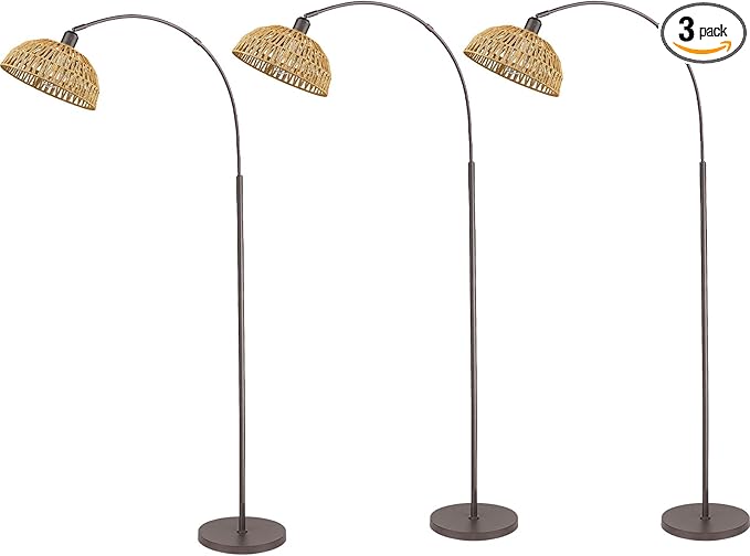 Rattan Floor Lamp, Retro Boho Arc Standing Lamp with Remote Dimmable Farmhouse Bamboo Lamp Shade Floor Light Industrial Tall Lamp with 9W LED Bulb (Oil Rubbed Bronze, 3 PACK) - LeafyLoom