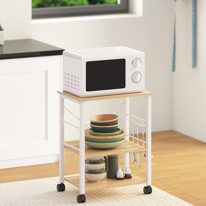sogesfurniture 3-Tier Kitchen Baker's Rack Utility Shelf Microwave Oven Stand Storage Cart Workstation Shelf 3-Tier Kitchen Utility Cart on Wheels with Storage, Maple - LeafyLoom