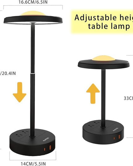 LED Table Lamp Dimmable Desk Lamp Reading Lamp with USB A & Type C Charging Port 2 Prong Outlet Power Touch Control Night Light Retractable for Bedroom, Living Room, Dorm, Study, Home Office - LeafyLoom