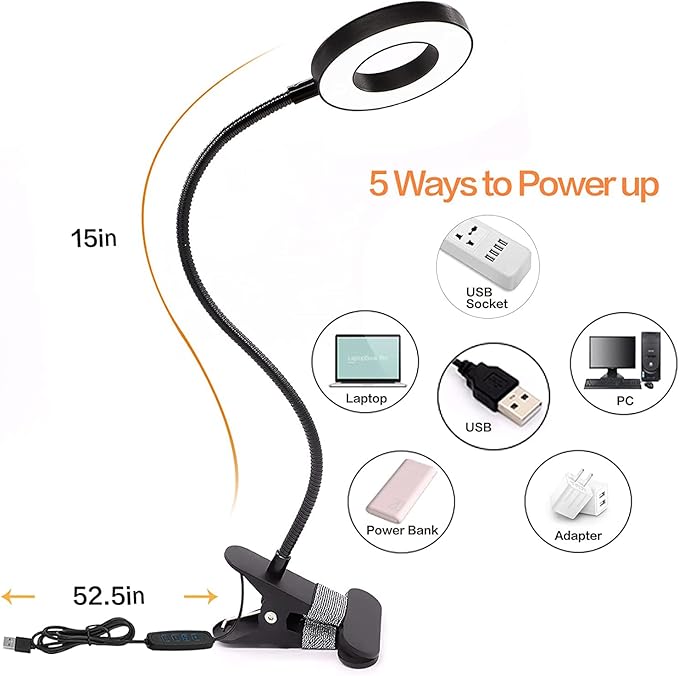 Clip on Light LED Reading Book Study Lamp 3 Color Modes 10 Brightness Eye Protection 360° Flexible Gooseneck Student Dormitory Office Desk Lamp at Night in Bed - LeafyLoom