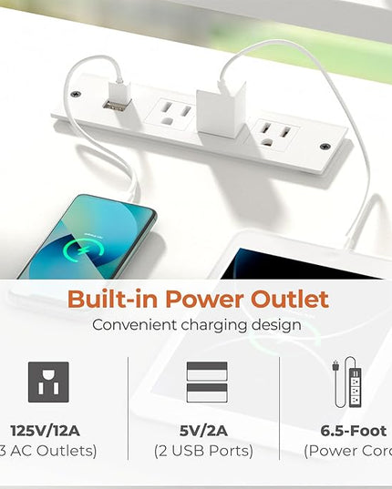 White Computer Desk with LED Lights and Power Outlets 47 inch Home Office Desk with Storage Shelves, Small Writing Desk with Monitor Stand for Bedroom, Workstation - LeafyLoom