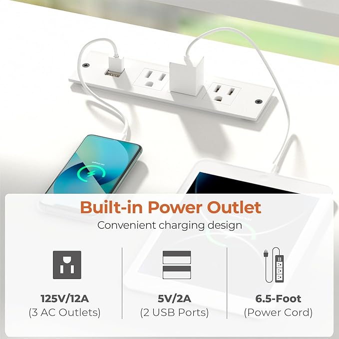 White Computer Desk with LED Lights and Power Outlets 47 inch Home Office Desk with Storage Shelves, Small Writing Desk with Monitor Stand for Bedroom, Workstation - LeafyLoom